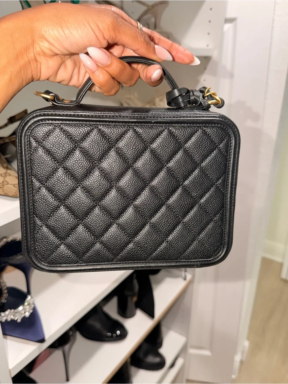 CHANEL Black Quilted Vanity-Style Top Handle Bag